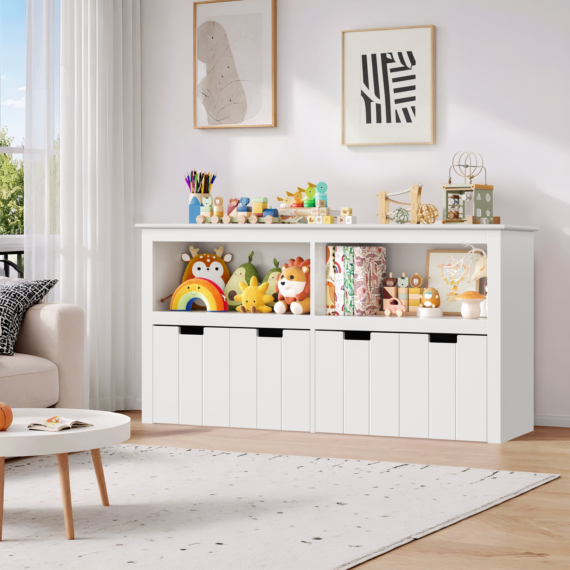 Homfa Kids Toy Storage with 4 Drawers, Cubes Storage Bin with Shelves and Wheels for Kids Living Room, White