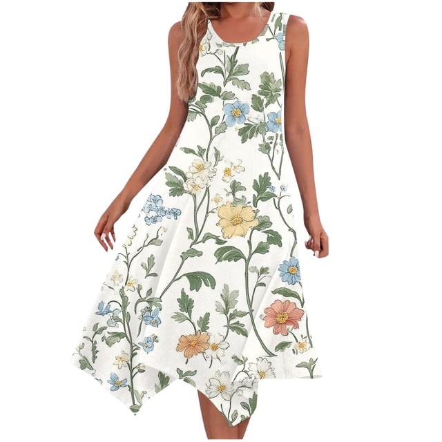 KIHOUT Womens Tank Dresses Summer Floral Printed Sleeveless Round Neck A-Line Flowy Beach Mini Sundress