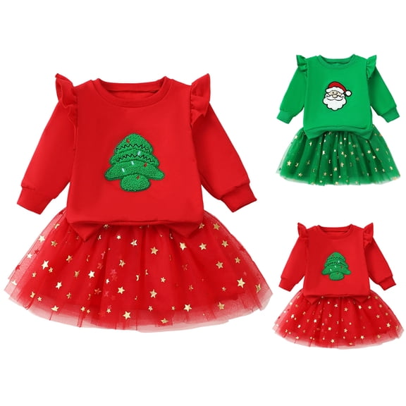 Pandaie Toddler Girl Fall Outfits Baby Christmas Tulle Dresses Clothes Infant Long Sleeve Sweatshirt Tutu Skirts Green 6-12 Months