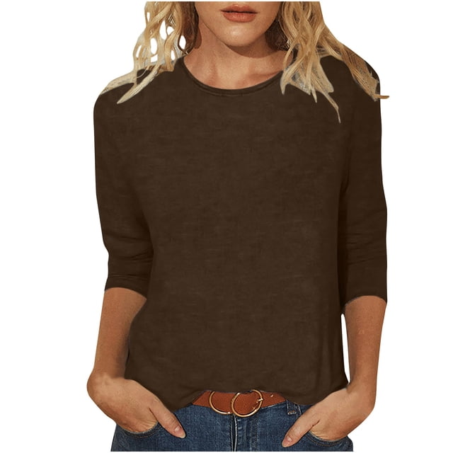 Hauts à Manches 3/4 pour Femmes Mode pour Femmes T-Shirt Uni Ample Mi-Long Blouse à Manches 3/4 Col Rond Hauts Décontractés T-Shirts en Coton Femmes T-Shirts pour Femmes Mode