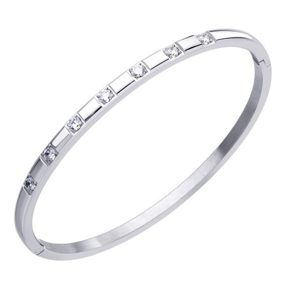 555Jewelry Delicate Stainless Steel Cubic Zirconia Cuff Hinged Bangle Bracelets for Women, Silver