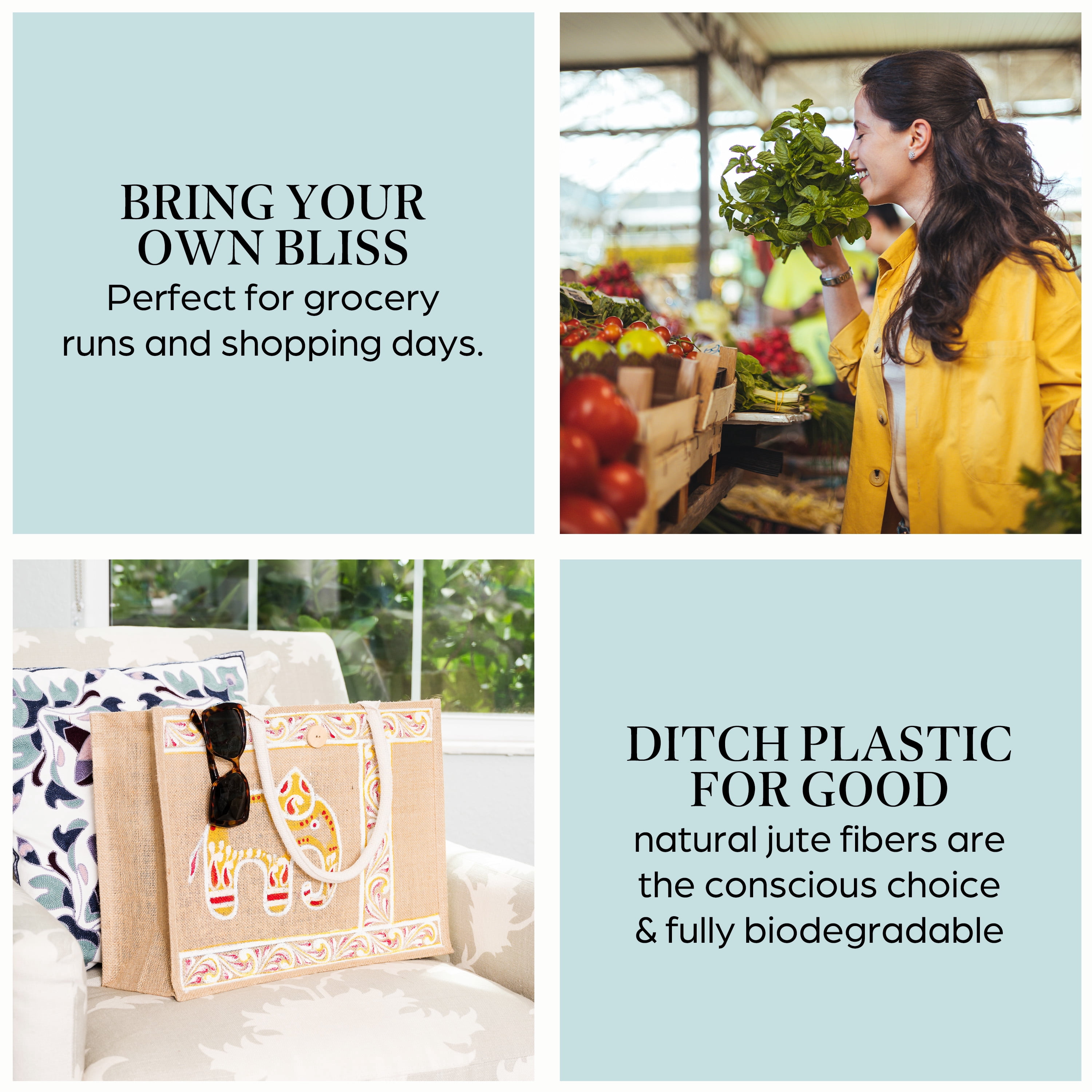 FOLIATE Jute Tote Handbag with Zipper Pouch (Large, The Elephant)