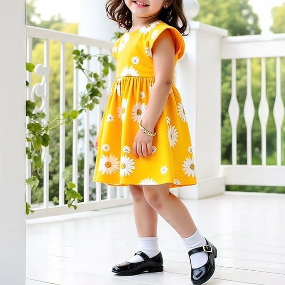 Mevxay Sunflower Print Dress for Girl Cap Sleeve Ruffle Midi Dresses for 3-10 Years Yellow