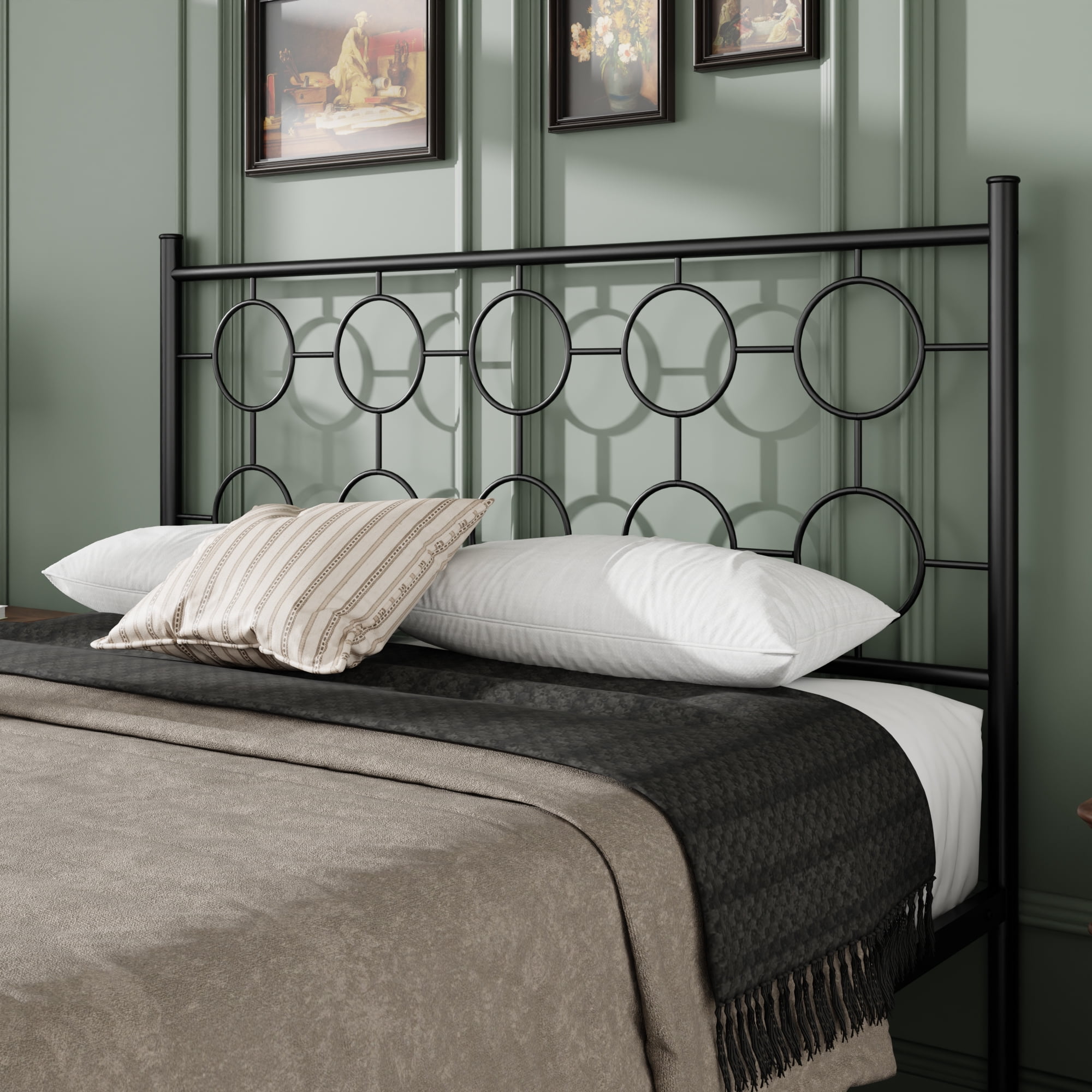 Queen Size Metal Platform Bed Frame with 12" Storage Space, Victorian Style Iron Headboard/Footboard, Sturdy Slat Support, No Springs Required, Easy to Assemble (Mattress Not Included)(Black)