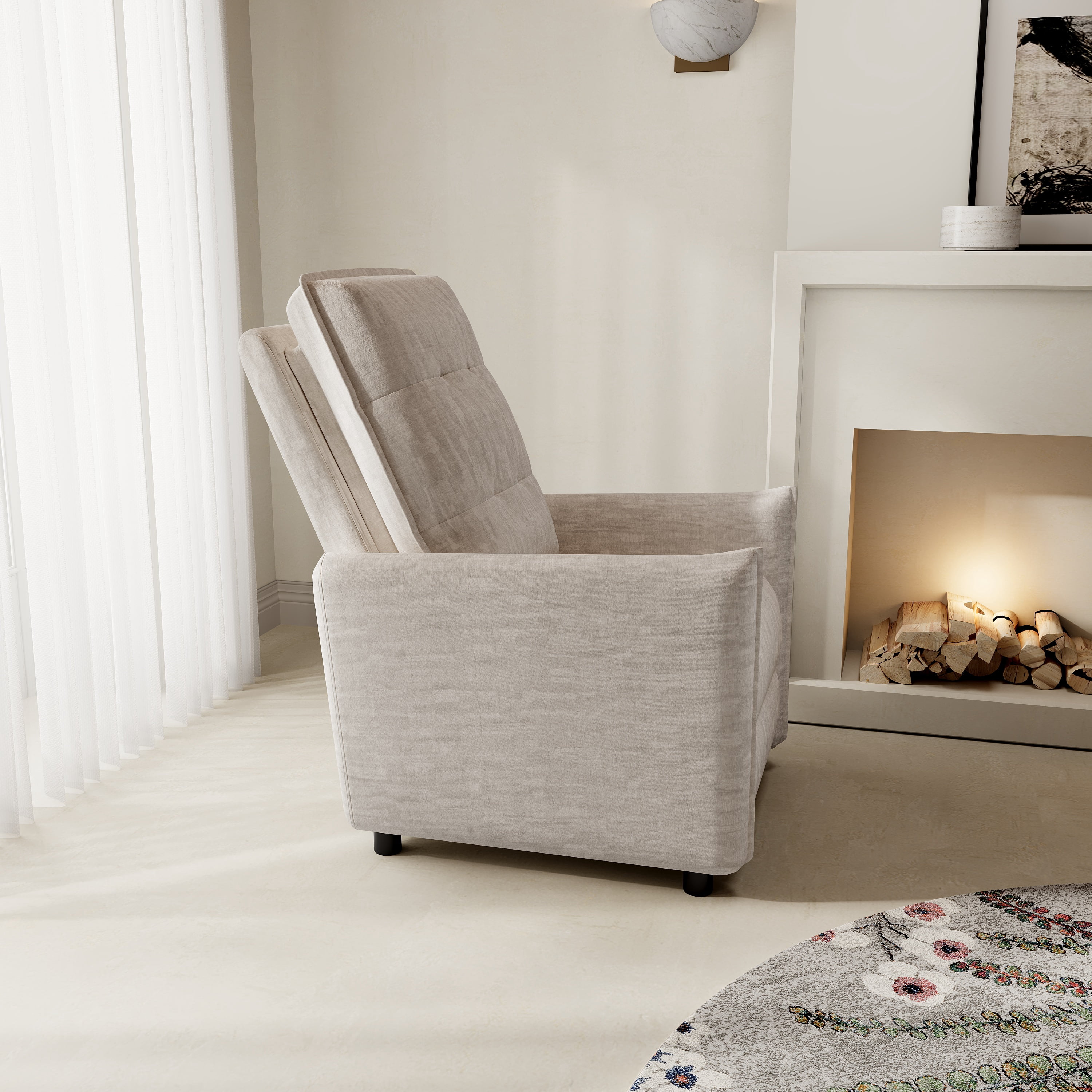 Chenille Fabric Recliner Chair with Manual Push Back Recline, Overstuffed High-Density Foam & Metal Frame, Adjustable Footrest for Living Room, Beige