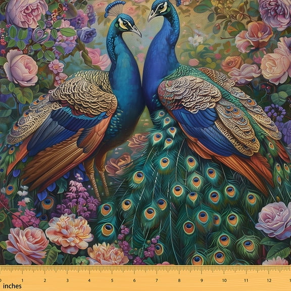 Manfei Animal Peacock Fabric By The Yard 1 Yard for Boys Girls,Chic Floral Flowers Home Decor Fabric By The Yard,Retro Vintage Aesthetic Room Decor Fabric By The Yard,Lightweight Room Decor