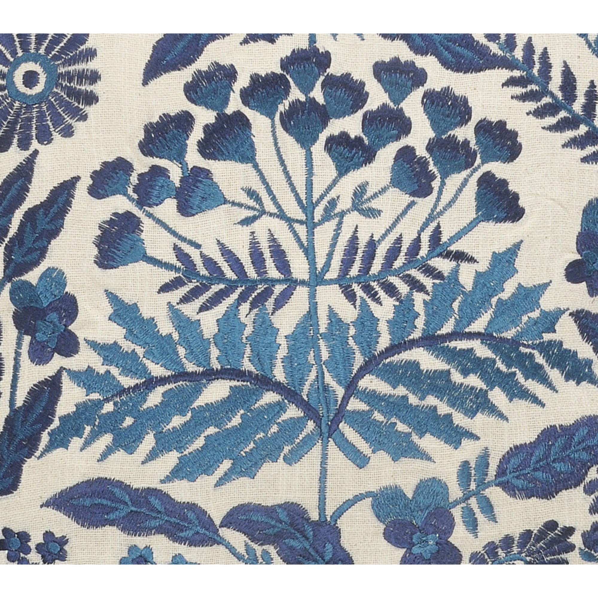 Laddha Home Designs Hand Stitched Botanical Cotton Throw Pillow Cover - 20" - White and Blue