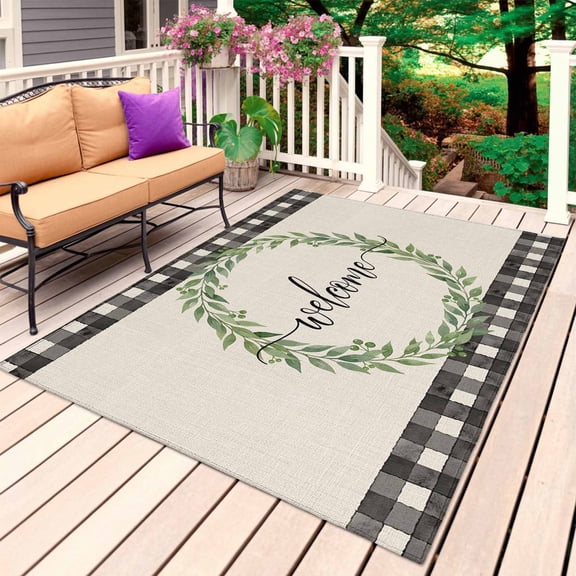Welcome Outdoor Rug 4x6 Ft, Non Slip Washable Area Rug, Spring Summer Green Leaves Rings Vintage Checkered Patio Rugs Carpet Runner, Large Floor Mat for Indoor/Outdoor Deck Porch Camping
