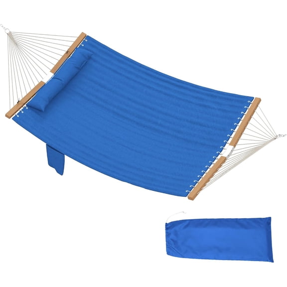 NeoNiches Outdoor Hammock 2-Person with Head Pillow 128" x 55" Navy Blue | Pad, Wood Spreader Bars, 440 lbs Capacity, for Patio Yard Garden