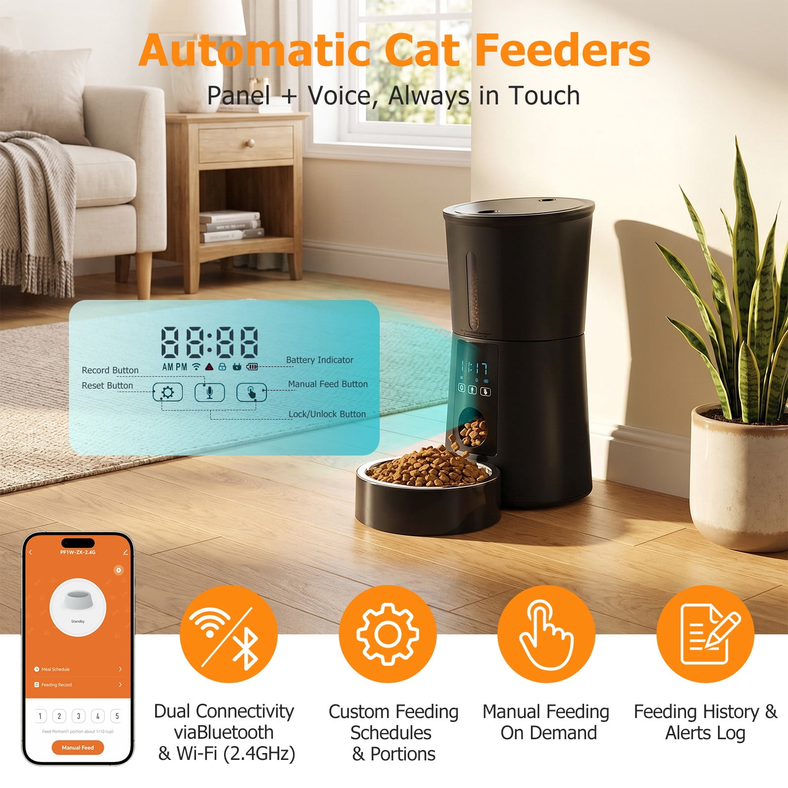 Atilioo Automatic Cat Feeder, 4L WiFi Pet Food Dispenser with App Control, Dry Food, Dual Power Supply, Timed Portion Control for Cats & Small Dogs, Black