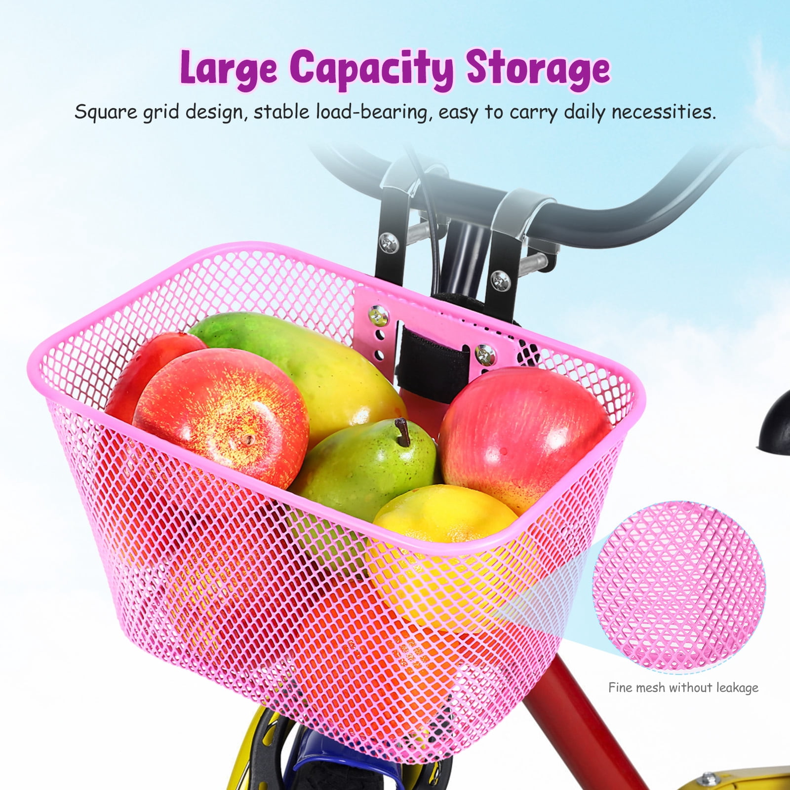 WEUVEB Versatile Pink Metal Wire Front Bike Basket for Everyday Handlebar Use