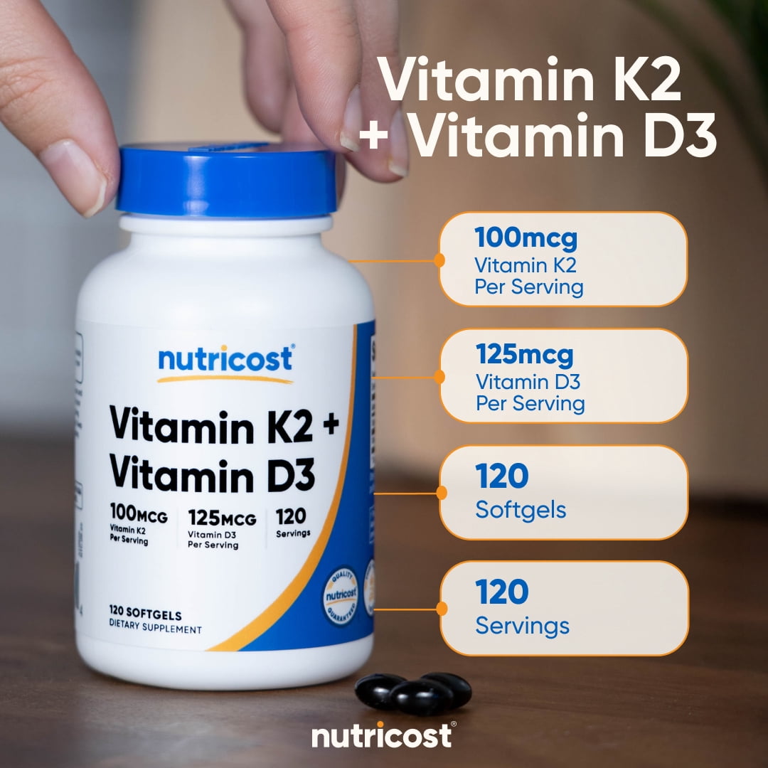 Nutricost Vitamin K2 (100mcg) + Vitamin D3 (5000 IU) 120 Softgels, Supplement