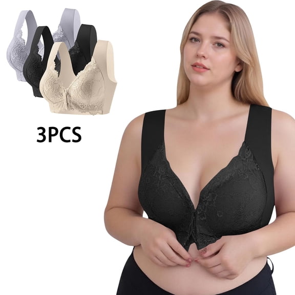 3pc Front Closure Lace Bra Womens Sports Comfy Bras, Plus Size Seamless Back Smoothing Shaping Lace Bralettes Beige 5XL