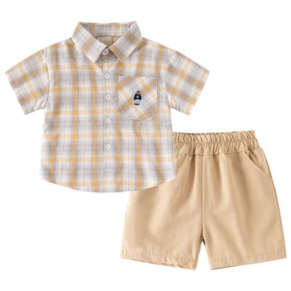 Staki Boys Summer Outfits Baby Boys Clothes Toddler Summer Outfits Knit Short Sleeve Button Down Shirt Shorts 2Pcs for Boy 2T 3T 4T,Yellow 5-6 Years
