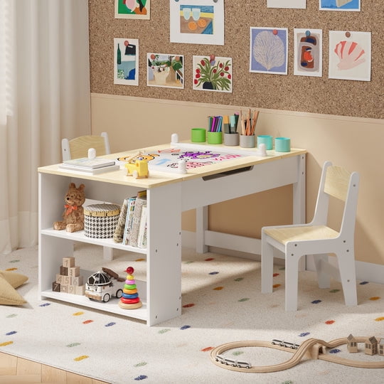 Aiho 3 in 1 Kid Table & Chair Set, Child Activity Table, Kids Table Set Painting with Cabinet for Daycare, Classroom, Home - Natural