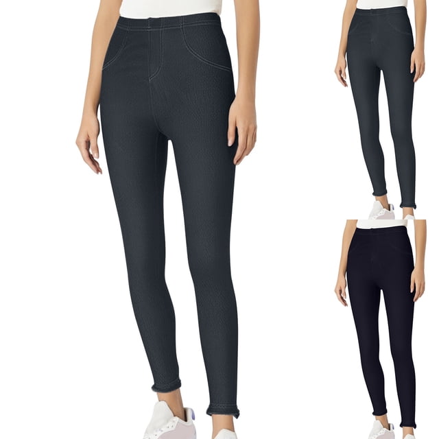 Sentmoon Straight Leg Jeans Active Imitation Denim Leggings Pants Plus Size Thick Warm Feel Solid Color Fake Pocket Detail Stretch Fit Full Length Tights for Daily Wear XS-5XL