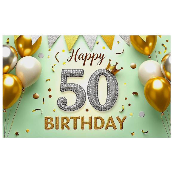 Sparkling 50th Birthday Backdrop Banner with Glittery Gold Silver Balloons and Crown Element Happy Birthday Party Decorations Photography Props Birthday Decors Celebration Supplies