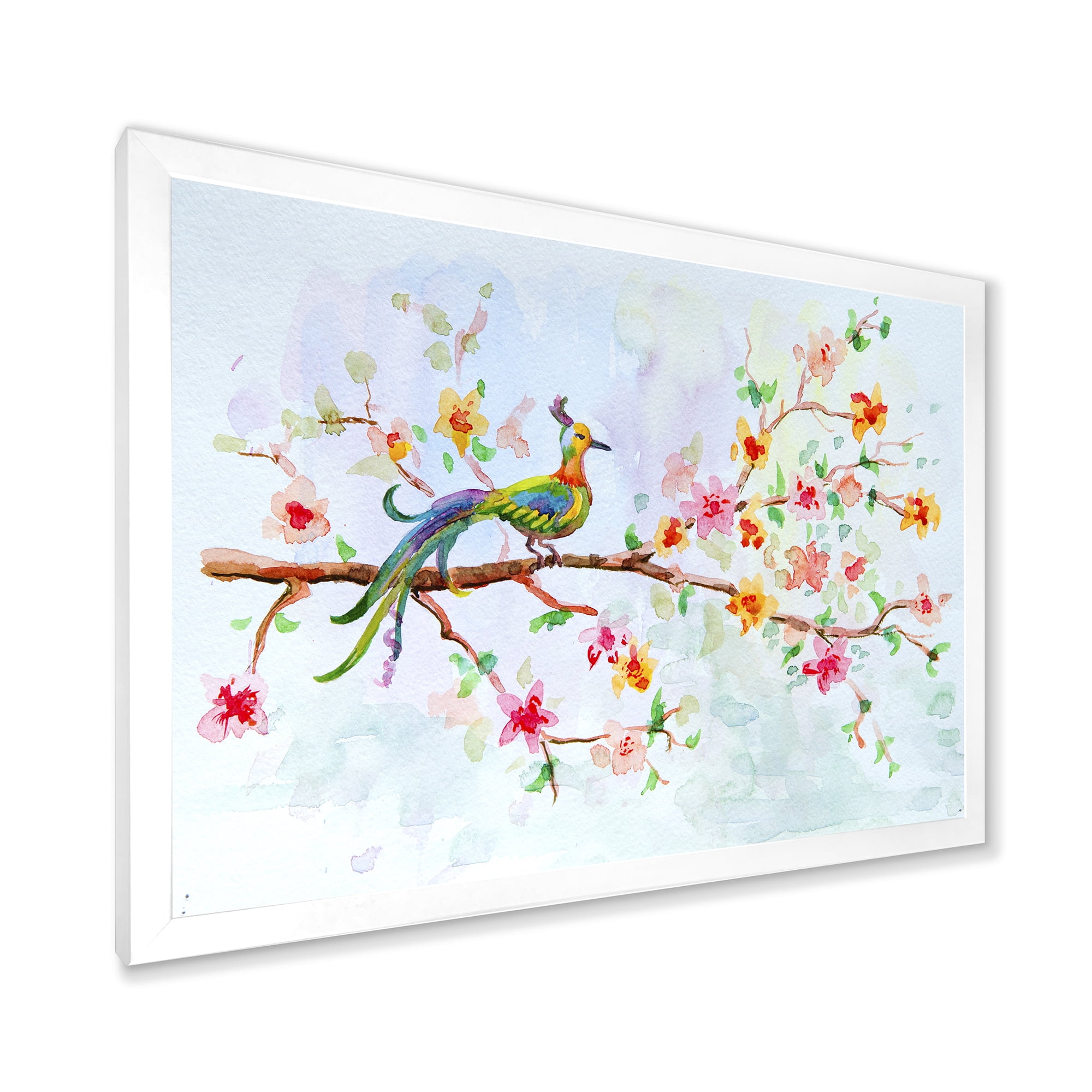 Designart 'Little Bird Sitting On Blooming Branch' Traditional Framed Art Print