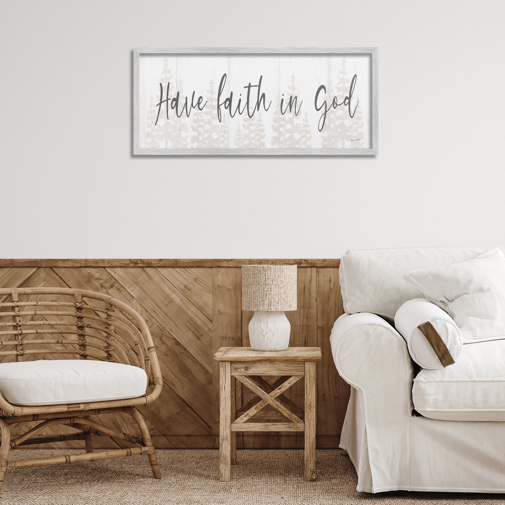 Stupell Industries Faith In God Phrase Religious Painting Gray Framed Art Print Wall Art, 30 x 13