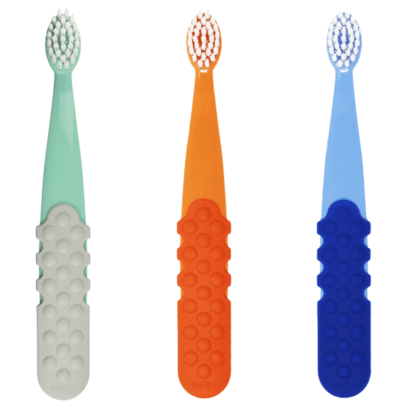 RADIUS Totz Plus Brush Kids Toothbrush Silky Soft BPA Free ADA Accepted Designed for Delicate Teeth & Gums for Children 3 Years & Up - Assorted - Pack of 3