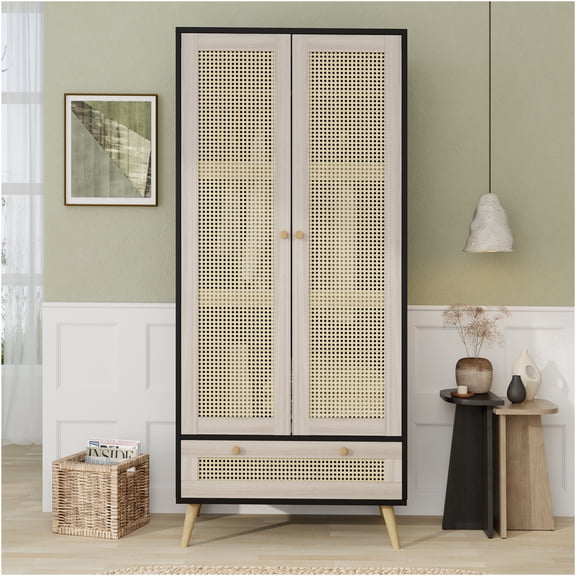 JERFIT Bohemian Armoire with Rattan Doors, Freestanding Wardrobe Closet with Hanging Rod and Drawer for Bedroom Storage, Natural and Black Finish