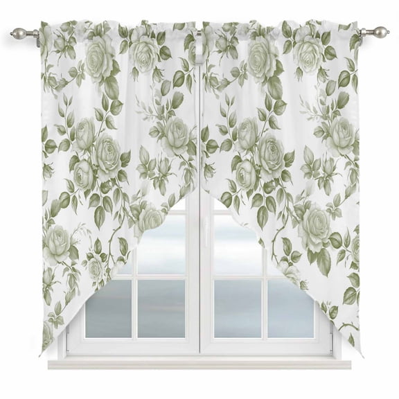 Sage Green Flower Kitchen Window Curtains, Swag Curtains Valance for Bedroom Living Room Bathroom, Vintage Country Rose Leaf Floral Rod Pocket Window Treatment Curtain Block Drapes 2 Panels 36"x36"