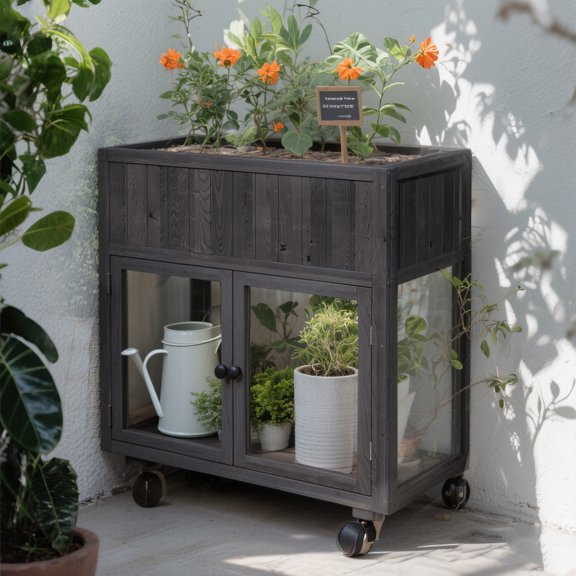YIYADO Patio Mini Wood Cold Frame, Compact 2 Doors Garden Greenhouse with Wheels for Indoor Outdoor Use,Black