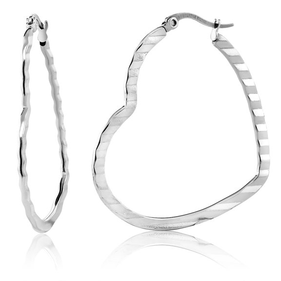 Gem Stone King 1.75 inches Stainless Steel High Shine Silver Tone Heart Shape Hoops Earrings Jewelry for Women