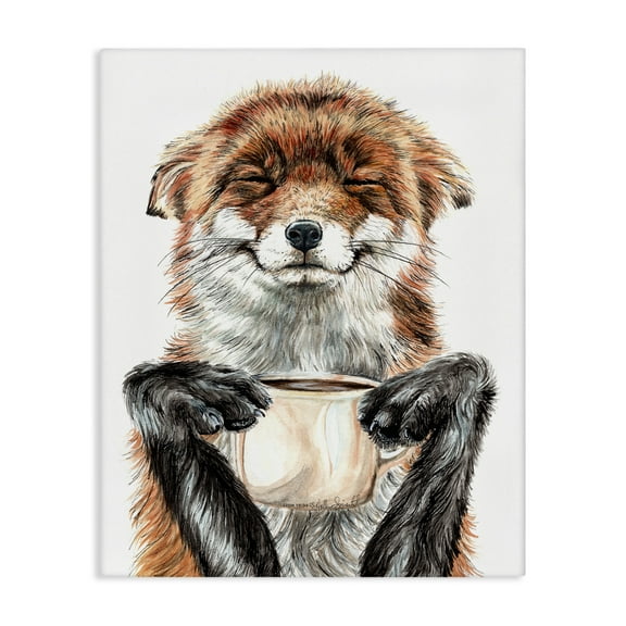 Stupell Industries Happy Fox with Coffee Animals Painting Wrapped Canvas Canvas Art Print Wall Art, 16 x 20