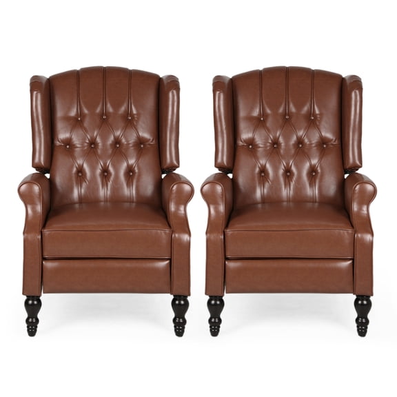 GDF Studio Elizabeth Contemporary Faux Leather Tufted Pushback Recliners, Set of 2, Cognac Brown and Dark Brown