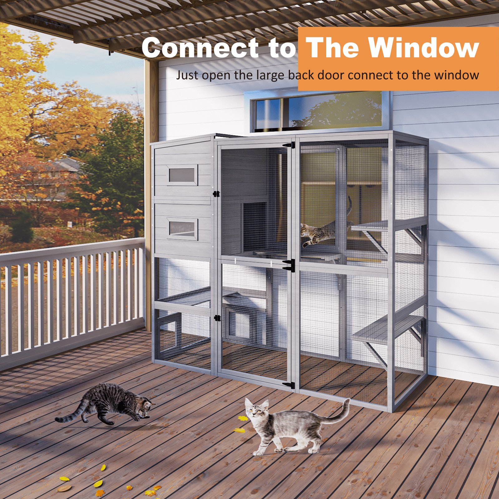 TIMHAKA Catio Outdoor Cat Enclosure Large Wooden Cat House for Mulitiple Cats w/ Resting Box, Platform, Waterproof Roof & Large Door, Gray