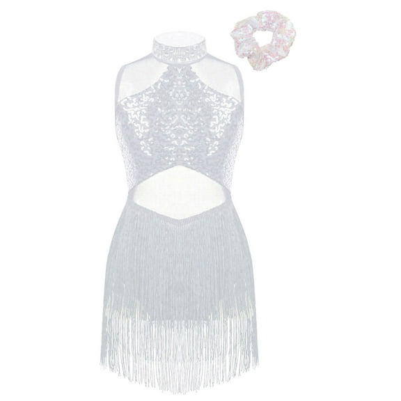 dPois Kids Girls Sleeveless Latin Salsa Ballet Tassel Hem Dance Dress Mock Neck Leotard Dress with White 6