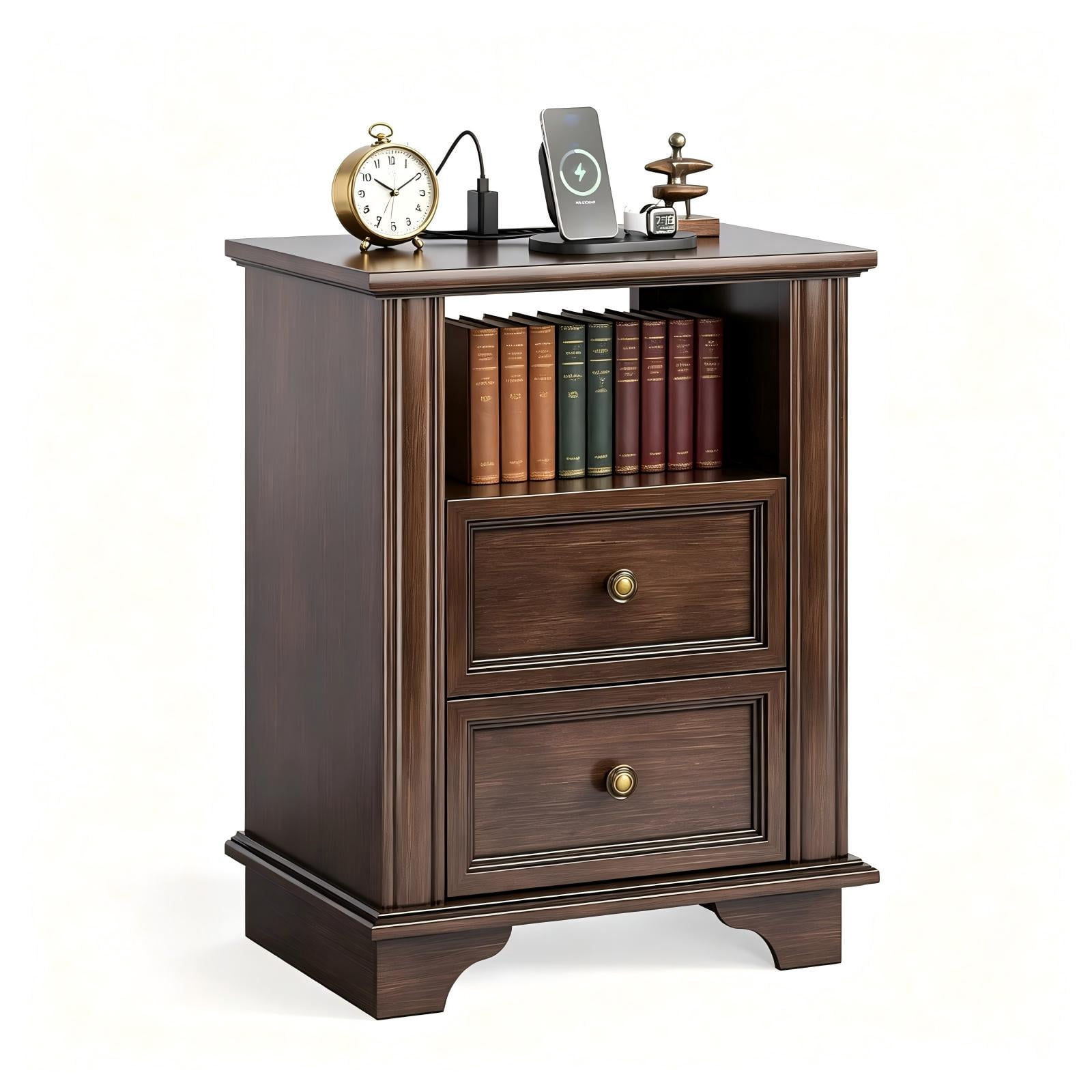 2-Drawer Bedside Table with Shelves and Sockets, MDF Painted Retro Nightstand, Brown, 19.69 x 13.78 x 25.67 in