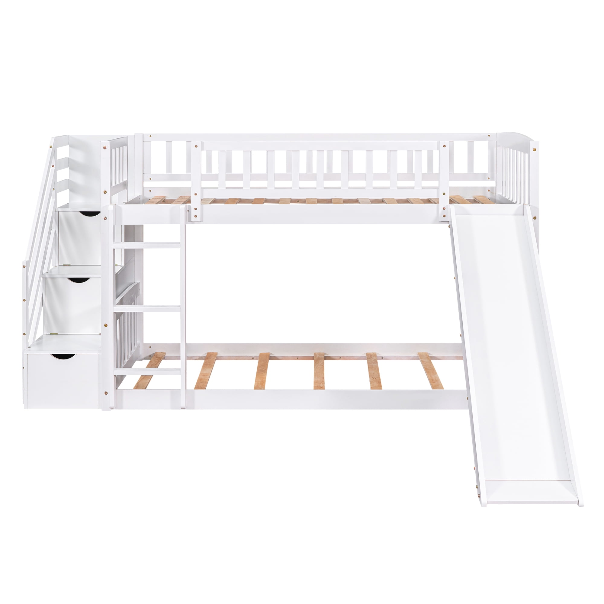 Mintazer Twin Over Twin Bunk Bed with Storage Staircase & Convertible Slide, Kids Bunk Bed Frame with Guardrails & Ladder, No Box Spring Needed, White