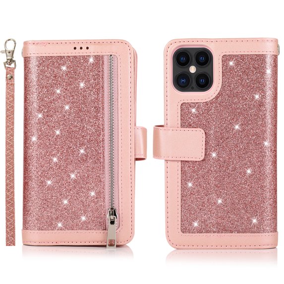 Allytech iPhone 12 mini Case with Zipper Wallet, Bling Glitter Multiple Credit Cards Slots Wallet Case Cover with Zipper Detachable Strap Protective Case for Apple iPhone 12 mini 5.4", Pink