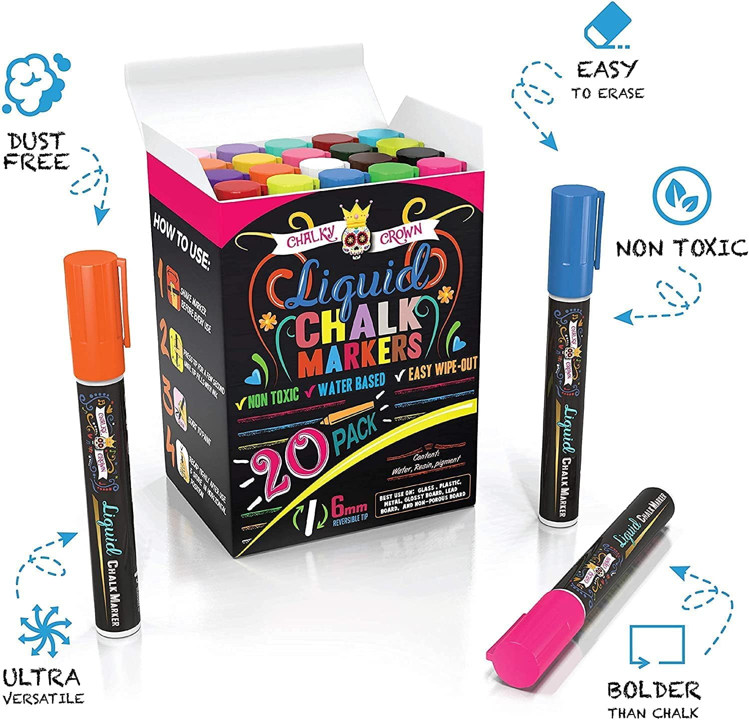 Jennakate - 8 pack Dry Erase Liquid Chalk Markers - 6mm Reversible Tip  (Bullet & Chisel Tip)