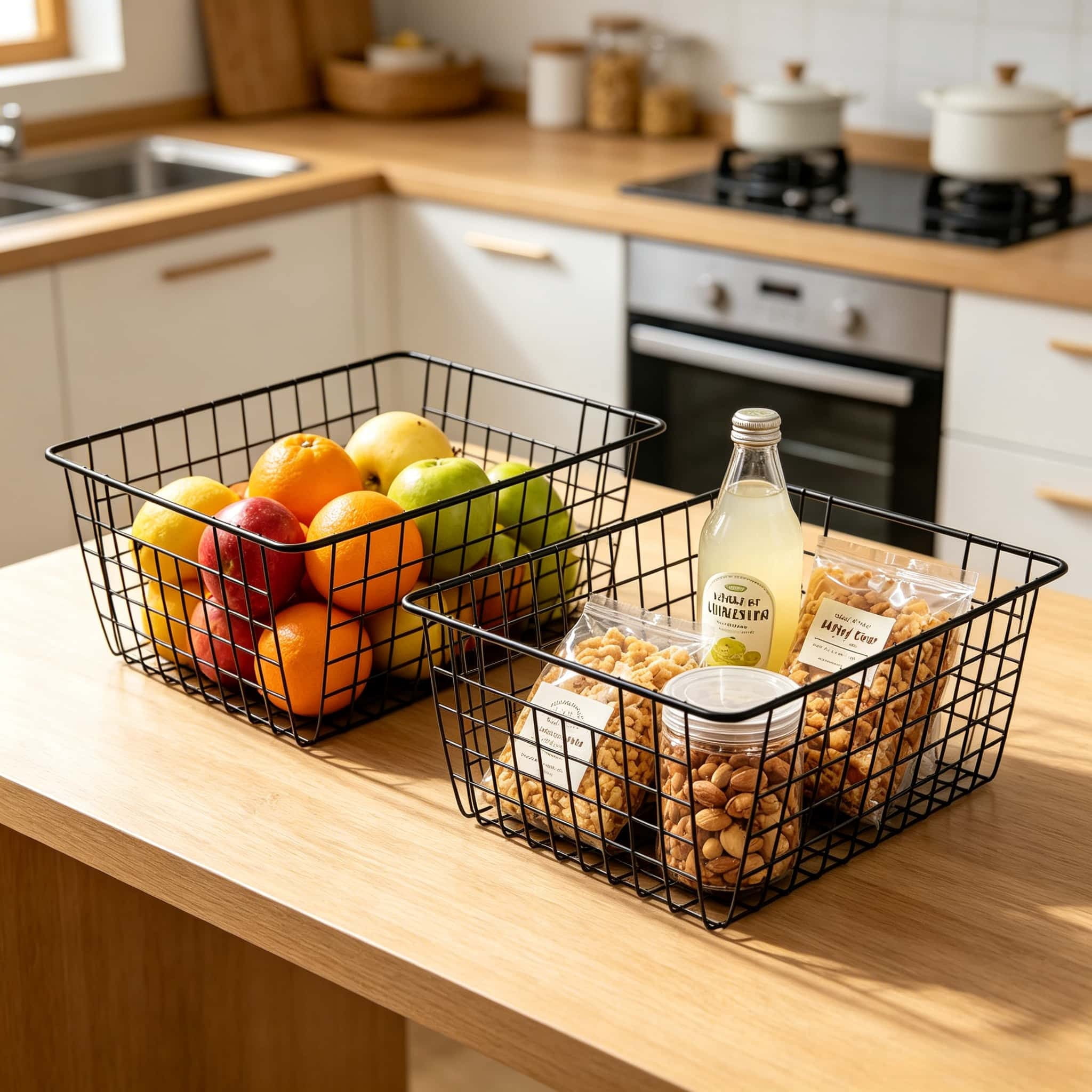 Wire Baskets for Organizing Household 2 Pack Pantry Baskets For Storage Pantry Wire Black Metal Storage Bins