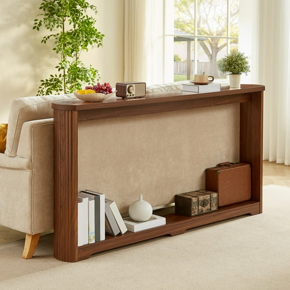 70" Console Table,Narrow Wooden Console Sofa Table,Corrugated Storage Table for Hallway,Entrance,Walnut