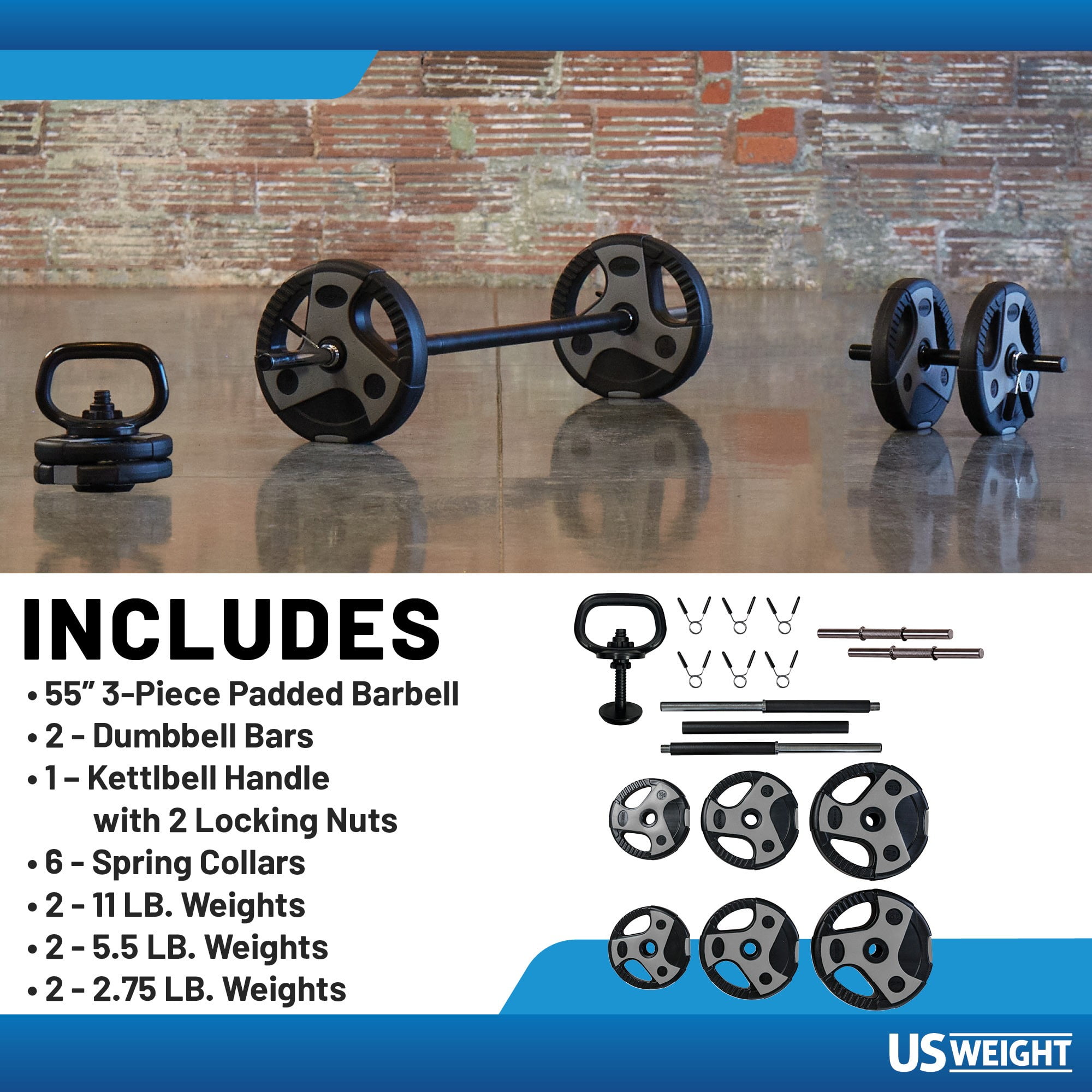 US Weight 43 LB Adjustable Weight Set with Barbell, Dumbbells, and Kettlebell for Home Workouts