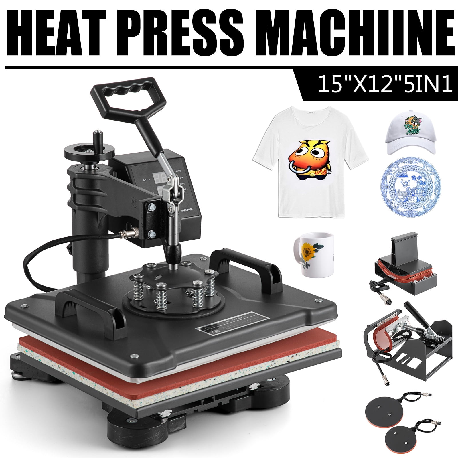 SHZOND 5 in 1 Heat Press Machine 12x15 inch Multifunctional Transfer Sublimation Heat Press for T-shirts Hat Mug Plate