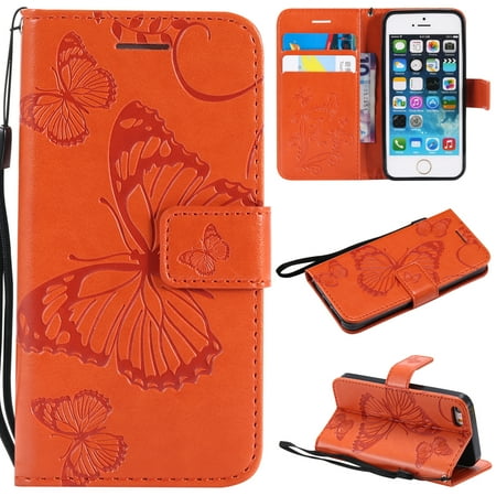 Iphone 5 Pretty Cases iPhone 5S Case,iPhone 5 Case,iPhone SE Wallet case, Allytech Pretty Retro Embossed Butterfly Flower Design Pu Leather Book Style Wallet Flip Case Cover for Apple iPhone 5/ 5S / SE, Orange ()