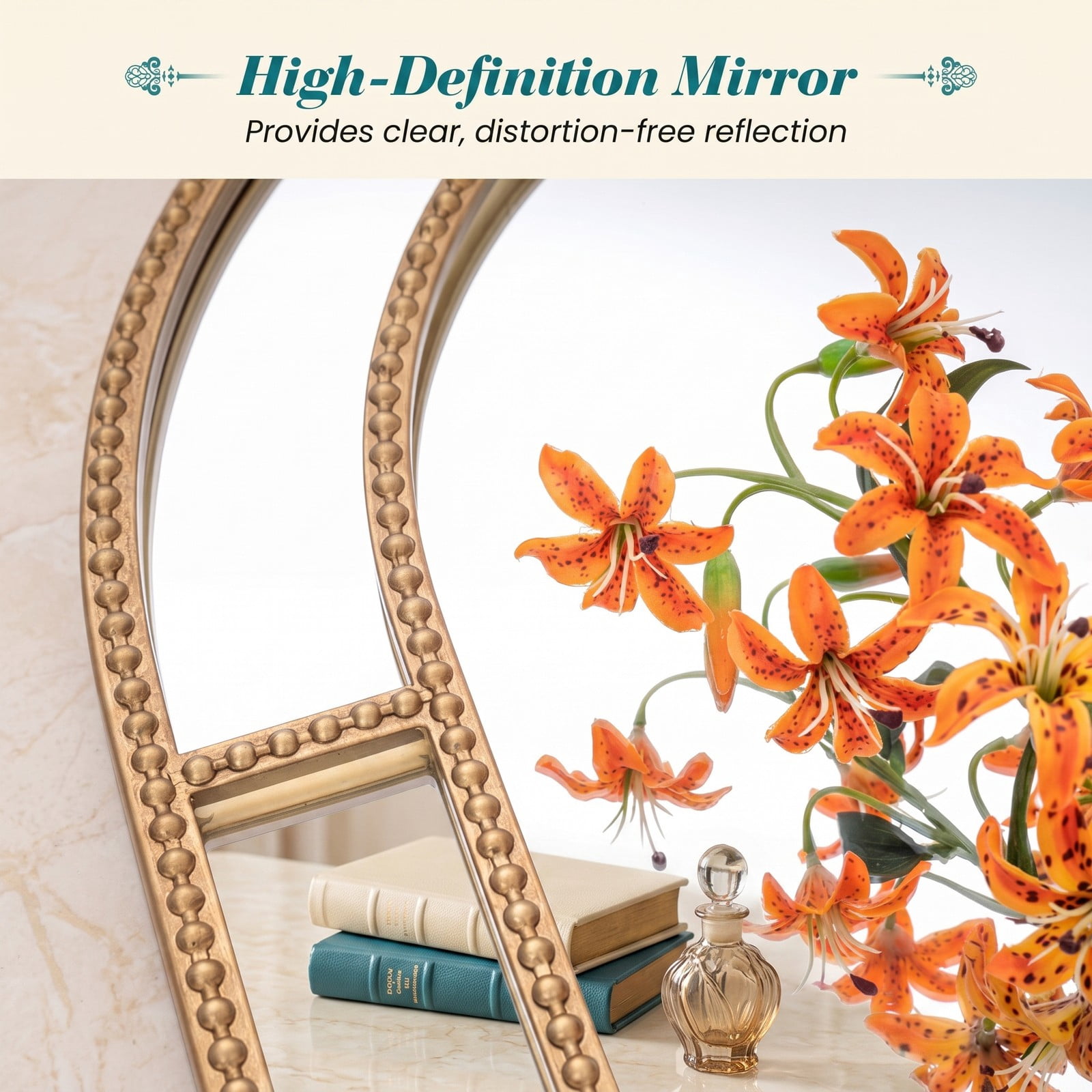ALPULON 36 x 24 Inch Rectangular Decorative Wall Mirror with Gold Beaded Metal Frame for Living Room Bedroom Entryway Bathroom Vanity Accent Wall Decor, Gold