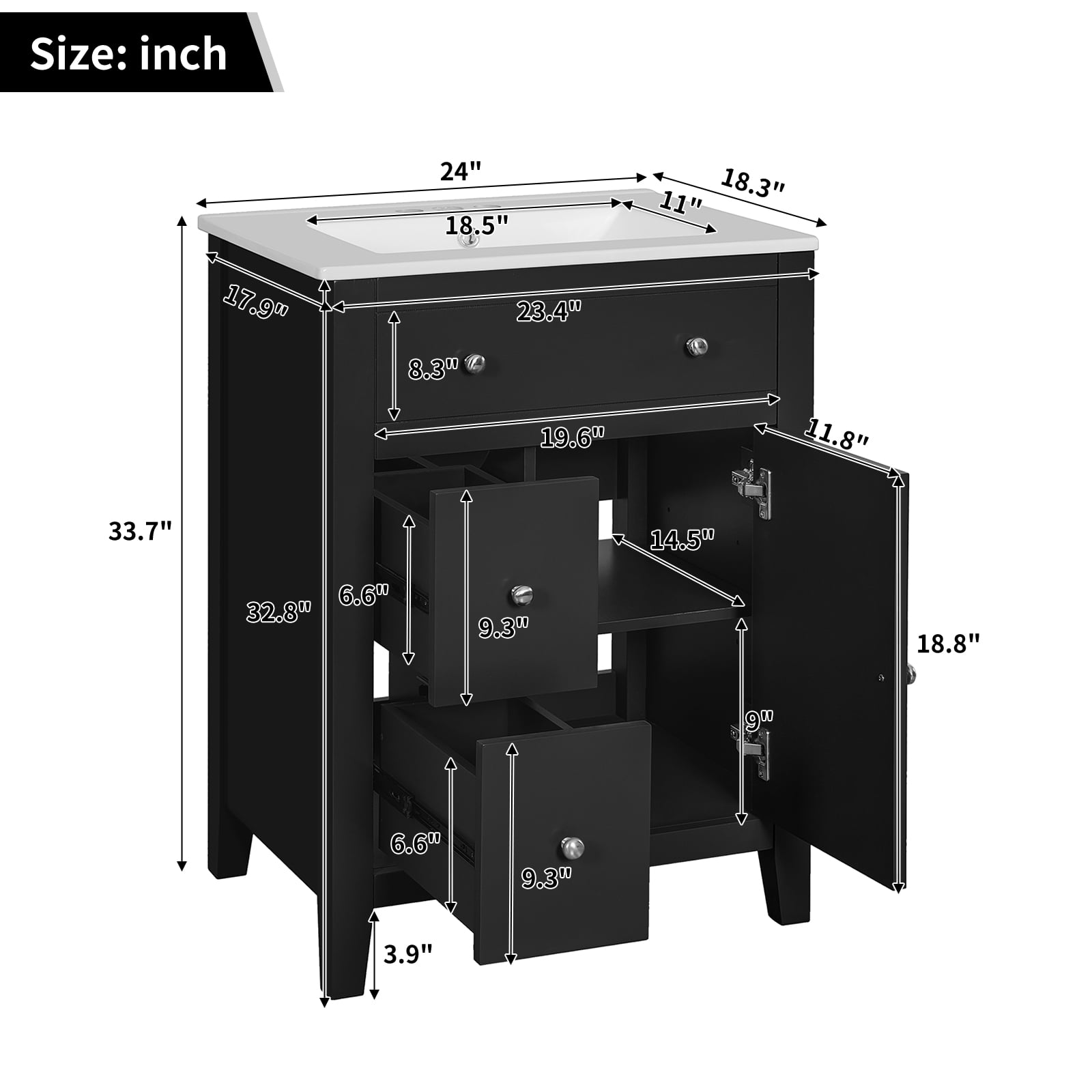 Harper & Bright Designs 24" Small Bathroom Vanity Set, Modern Bathroom Cabinet Freestanding with Drawers, Single Sink Bathroom Vanity, Black