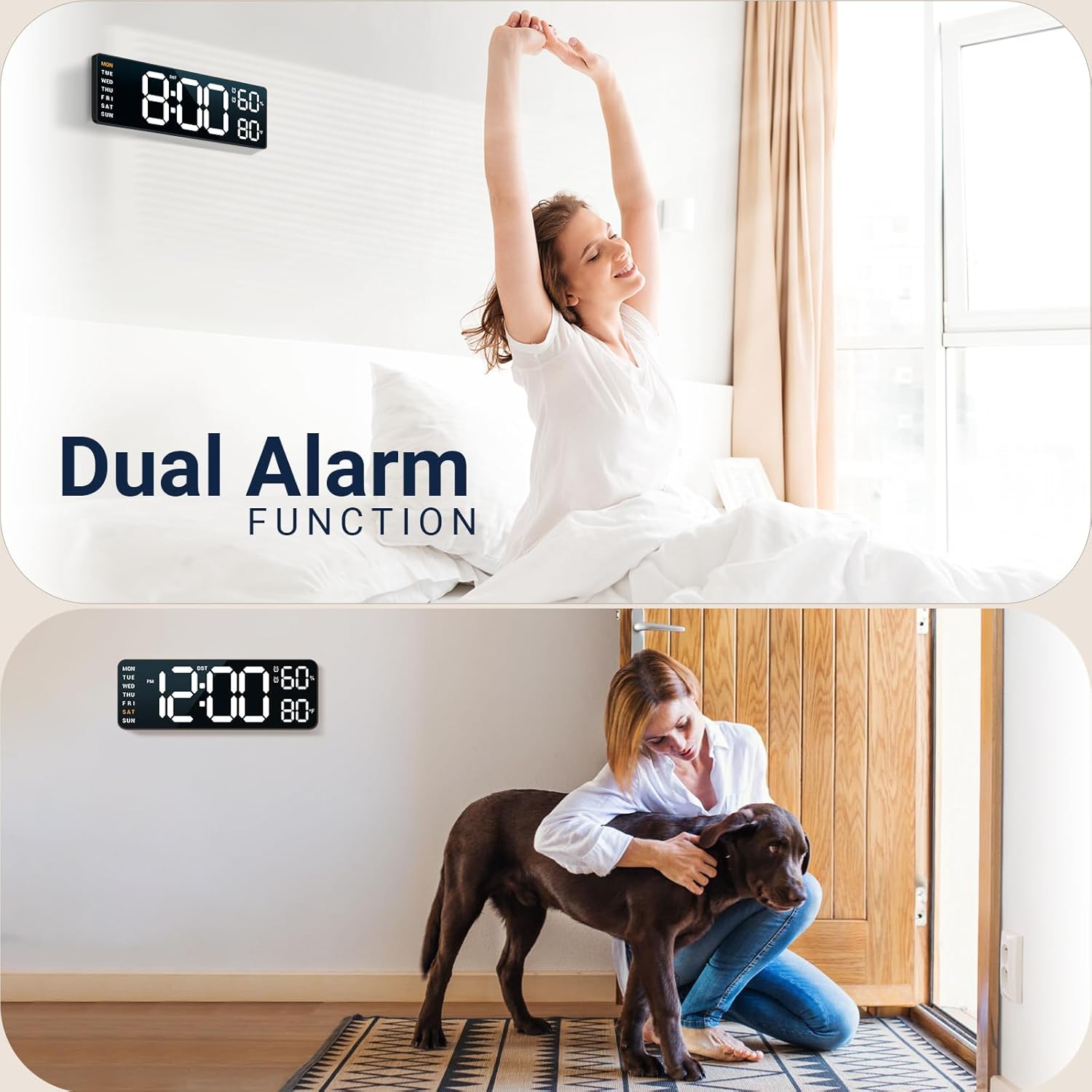 10" Digital Wall Clock: Fathers Day Birthday Gifts for Men Women, House Warming Gifts New Home Decor, Dual Alarm Wall Mount Decor Clock for Living Room Bedroom Office Desk Decor White