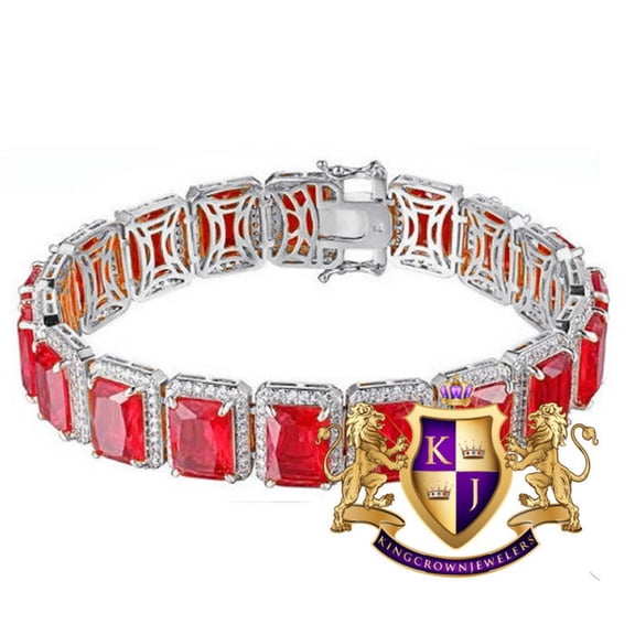 14K White Gold On Real Genuine Italian Sterling Silver Ruby Red Solitaire Bracelet Unisex