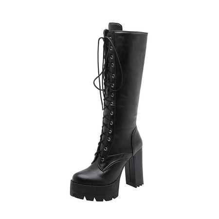 

Valentine s Day Deals!2022 Juebong Women s Comfortable And Warm High Heel Lace Up High Top Knee Length Boots