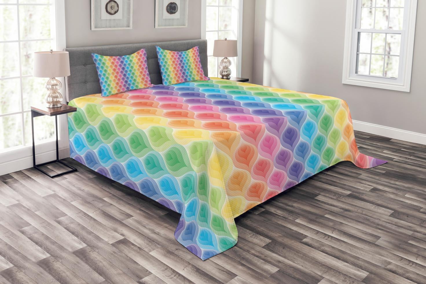 Geometric Bedspread Set, Rainbow Colored Ornamental Vintage Floral