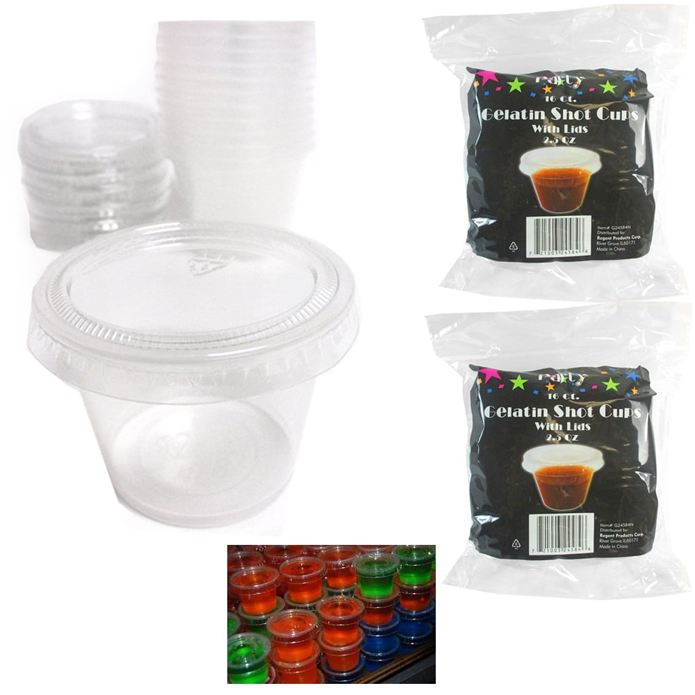 32 X Jello Shot Glasses Lids 2.5 Oz Souffle Portion Cups Clear Plastic