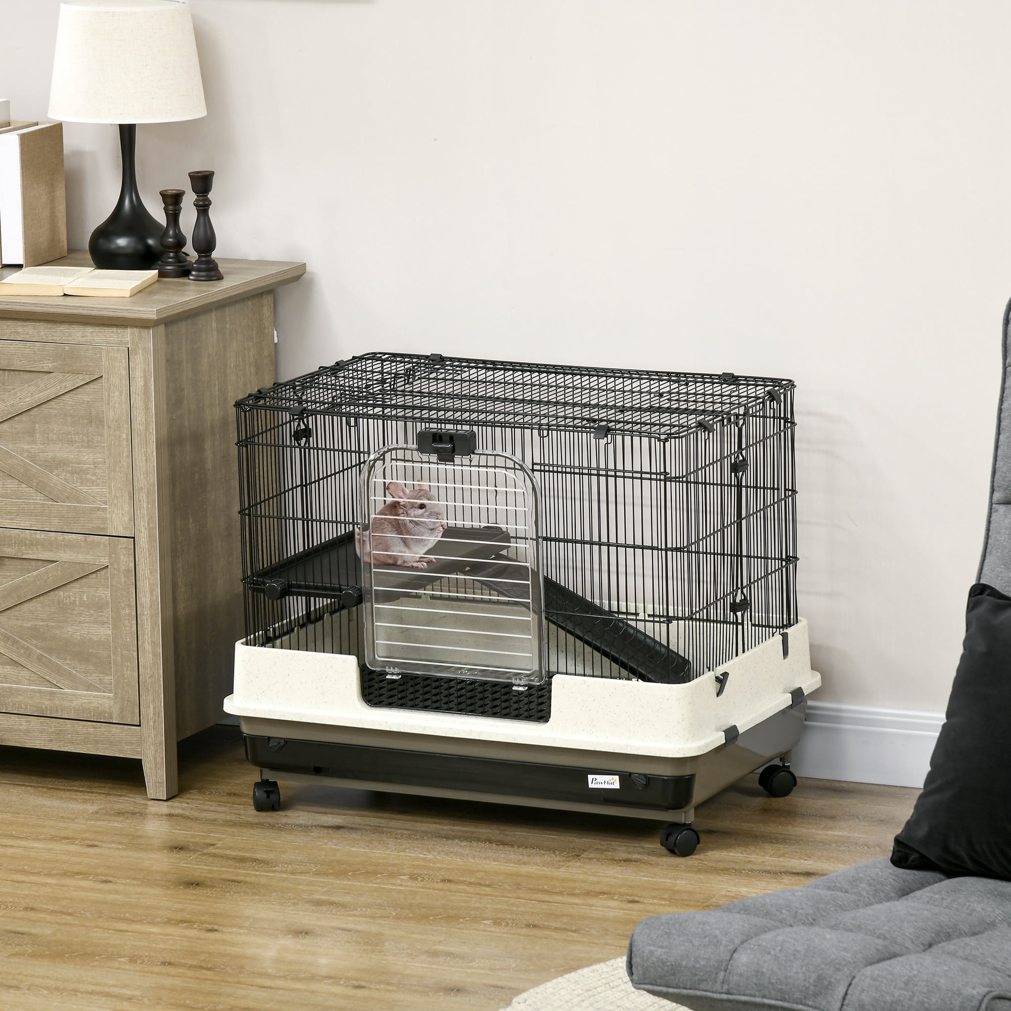 26" Small Animal Cage with Wheels, 2-Level Portable Bunny Cage, Chinchilla Ferret Cage with Removable Tray, Platform and Ramp