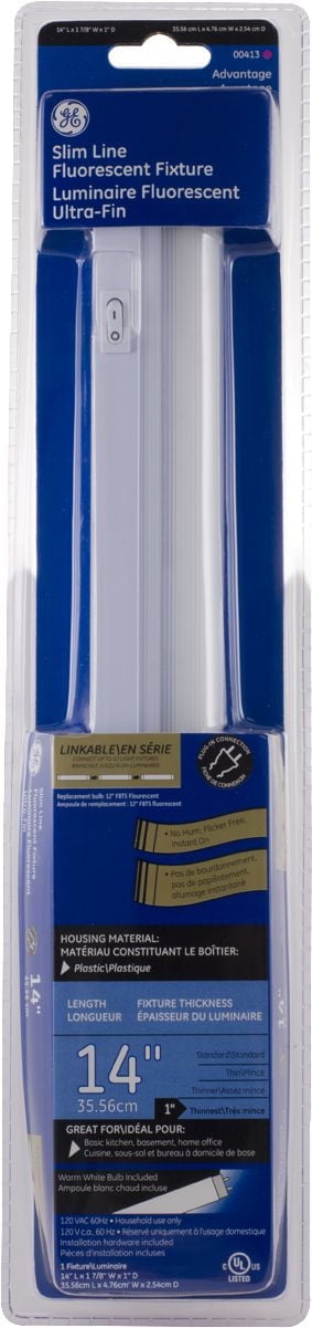 GE Slimline 14in. Fluorescent Light Fixture, Plug-in, 5ft. Power Cord, F8T5 Bulb, Warm White, 10168